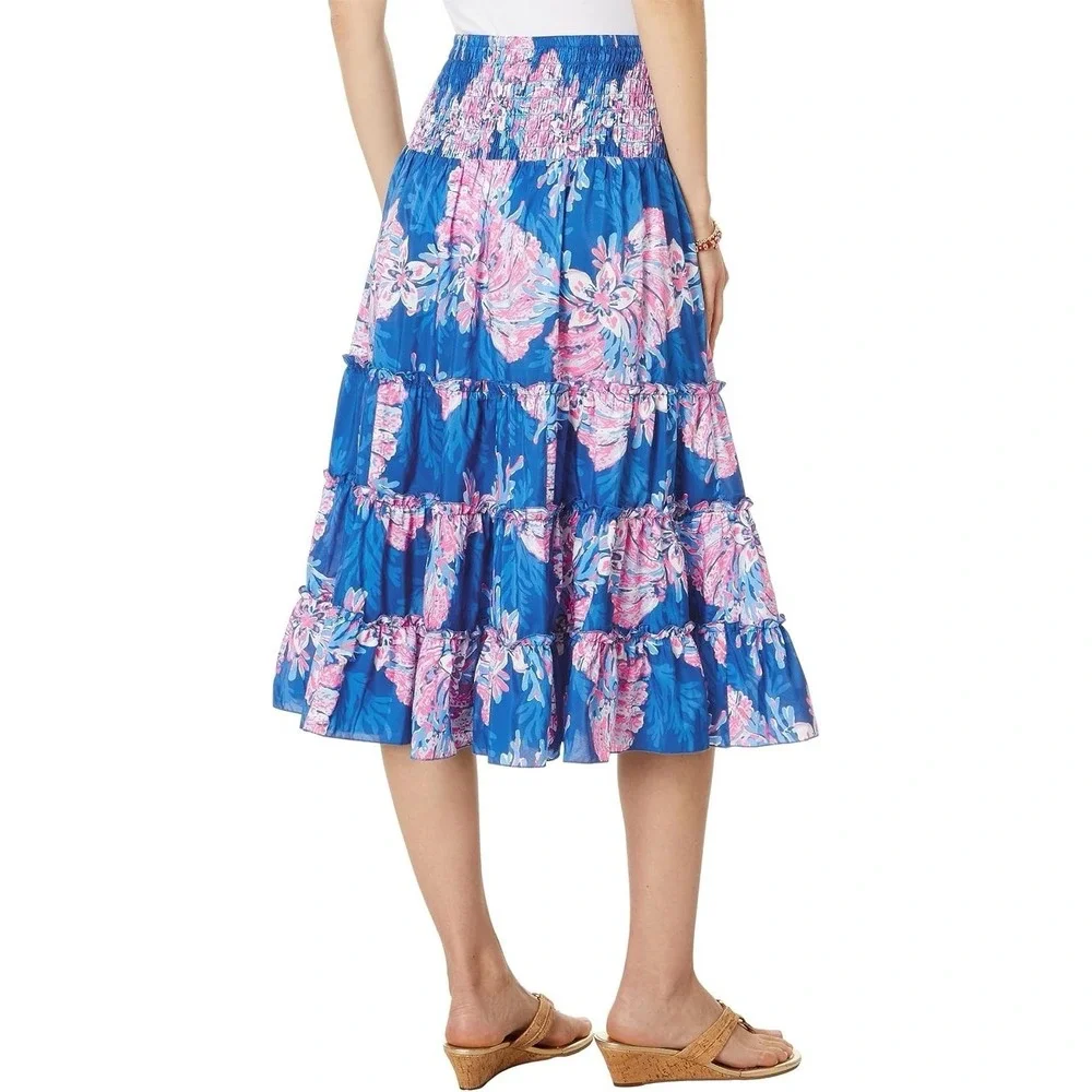 Lilly Pulitzer Deavan Pull-on Tiered Midi Skirt For The Fans Pink Blue Beachy S